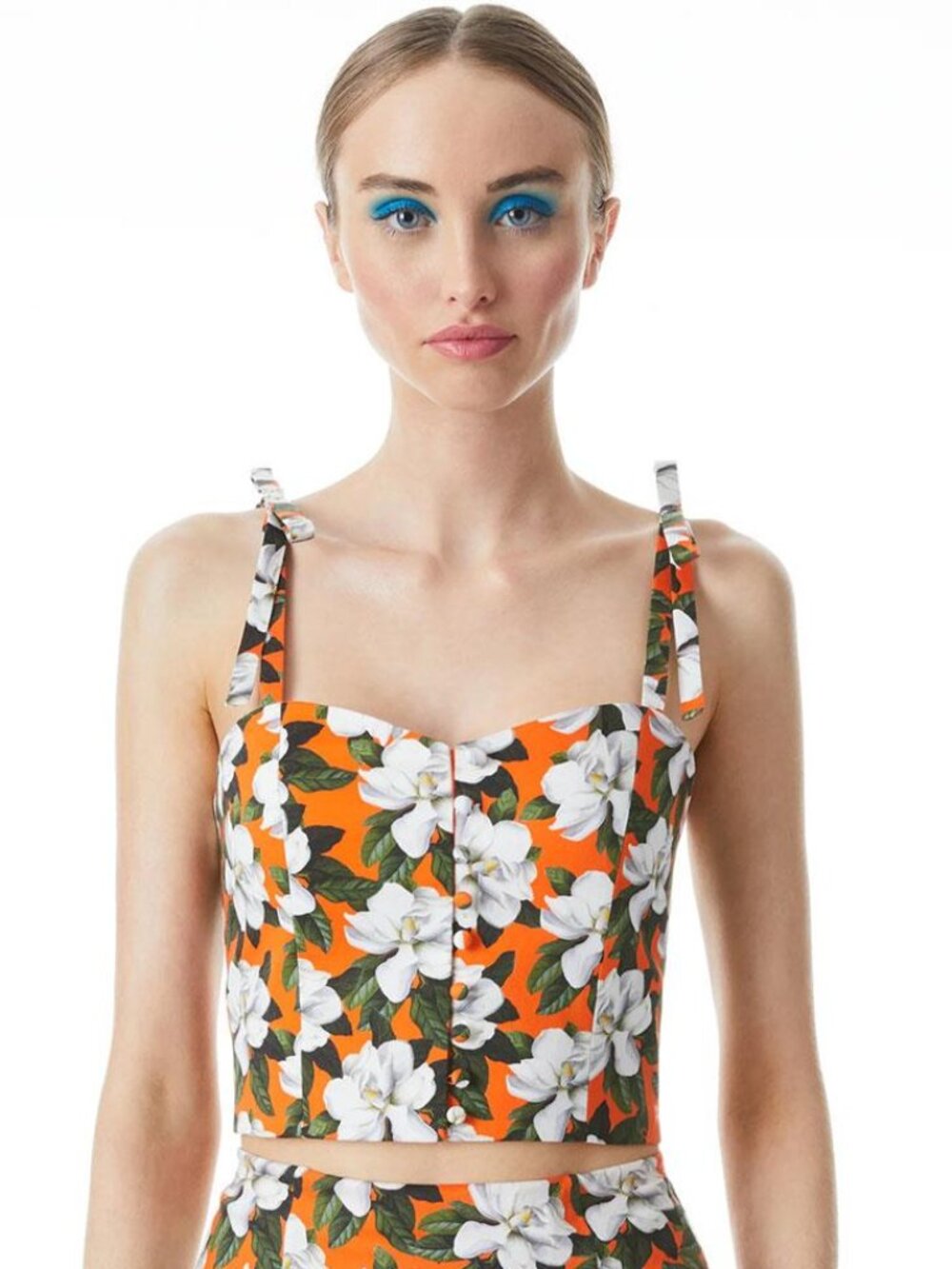 Alice+Olivia Orange White Tropical Beccy Front Button Bustier Floral Top Size 6